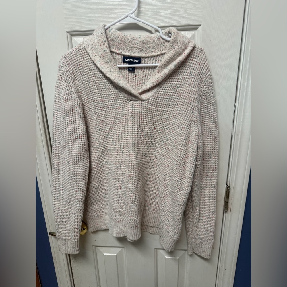 Lands' End women's white waffle-knit sweater with a shawl collar size LP 14-16